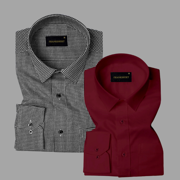 Pack of 2 Premium Cotton Shirt for Man (Black Check and Maroon)