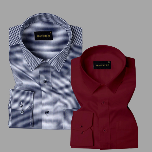 Pack of 2 Premium Cotton Shirt for Man (Navy Blue Check and Maroon)